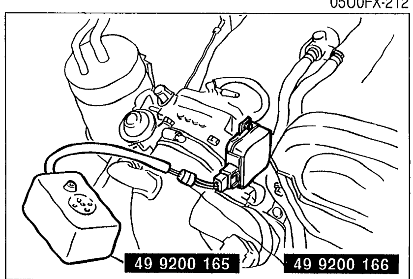 Photo showing the throttle sensor mounted on the throttle body with two SSTs labeled '49 9200 165' and '49 9200 166' attached to the sensor connector.
