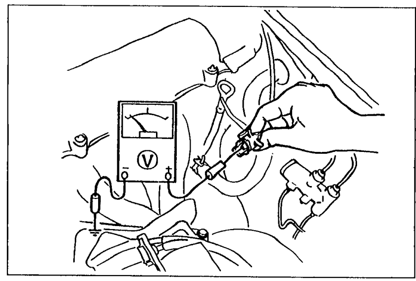 Photo showing a voltmeter (with V symbol) connected via test leads to the oxygen sensor area in the engine bay.