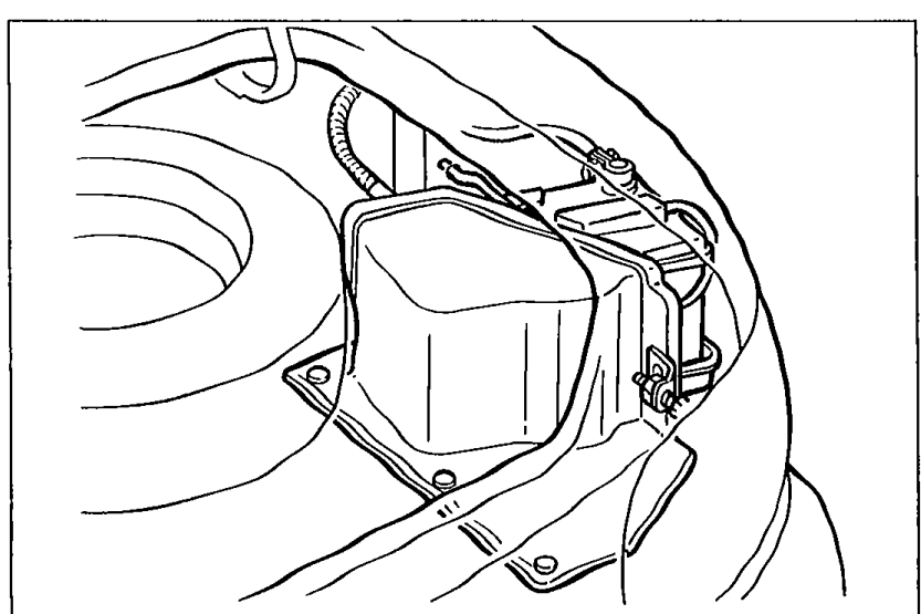 View of the engine bay showing the empty battery tray area with the battery cover removed.