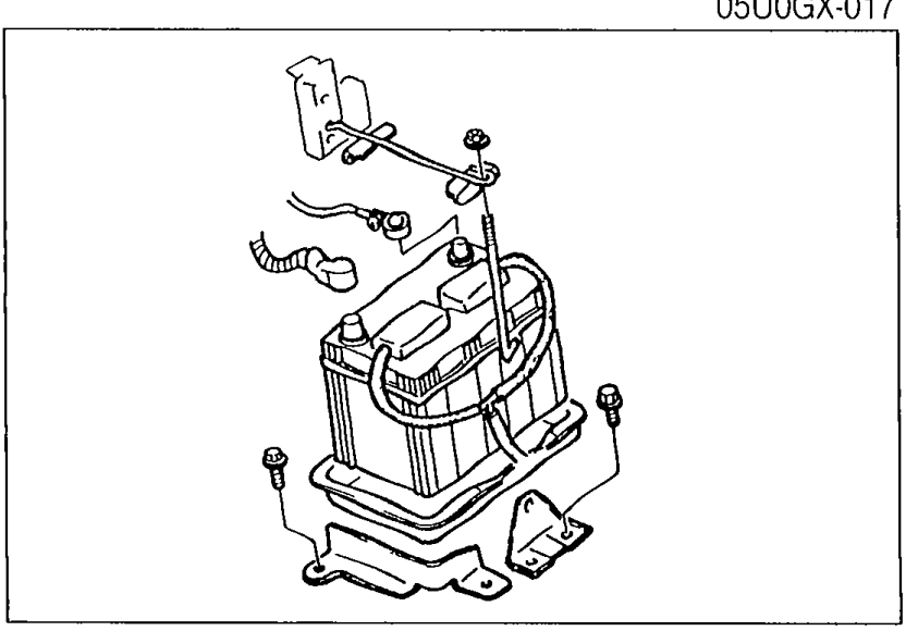 Battery installation showing battery with clamp/hold-down bracket and vent hoses fitted in the engine bay tray.