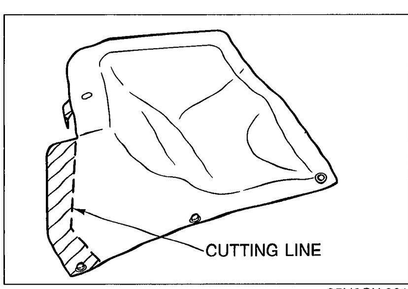 Battery cover illustration showing the shaded/hatched area at the lower-left edge labelled 'CUTTING LINE', indicating the portion to trim off for proper fitment to the new battery.