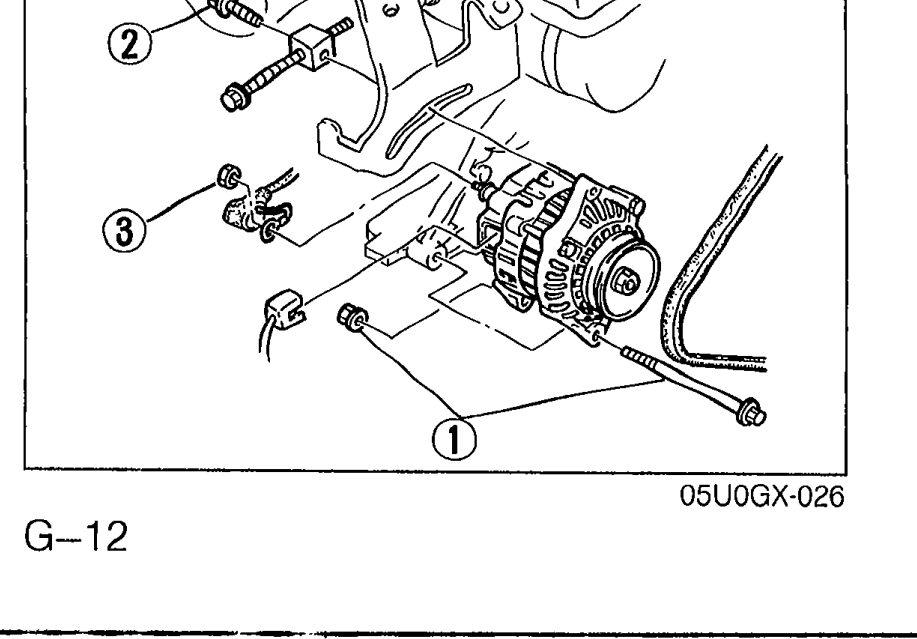 Alternator installed on the engine with numbered callouts pointing to mounting bolts/nut (callouts 1, 2, 3) used during removal.