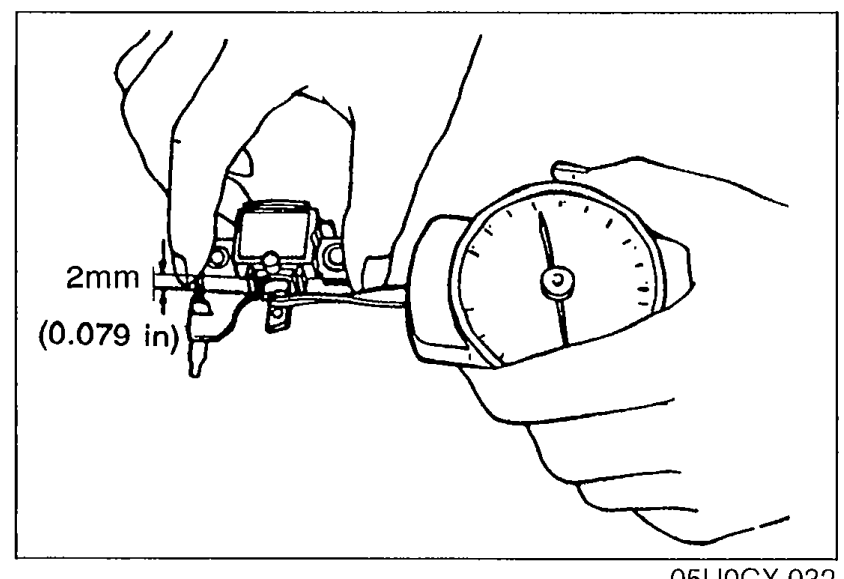 Hand using a spring pressure gauge to measure brush spring force. A 2mm (0.079 in) brush tip projection dimension is called out.