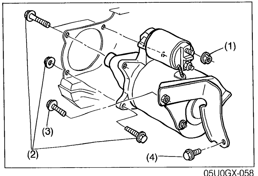 Starter removal/installation exploded view with numbered fasteners: (1) nut, (2) bolt/nut, (3) bolts, (4) bolt holding the starter and bracket to the transmission/engine.