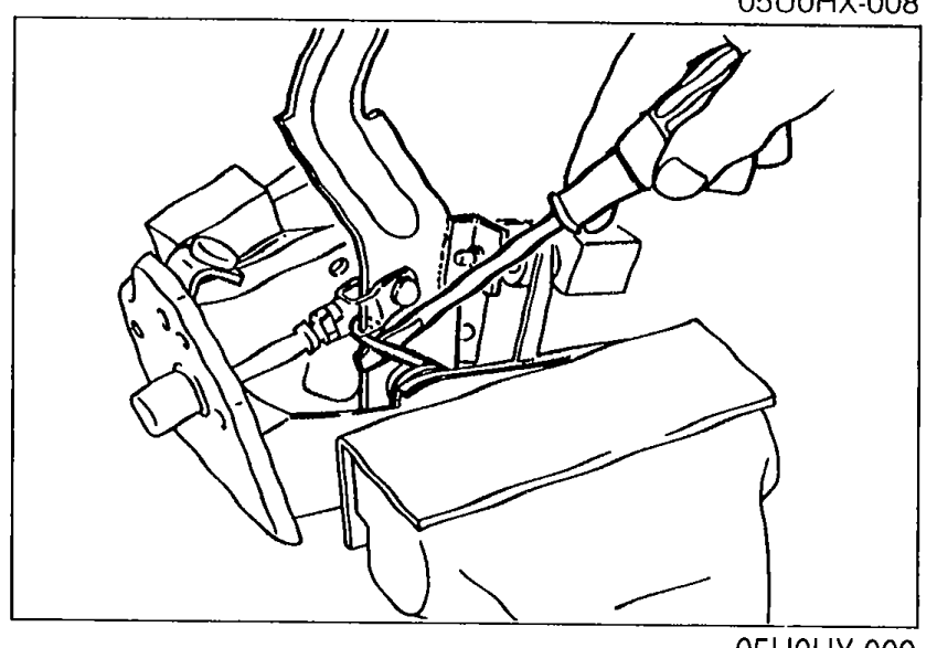 Photo of the clutch pedal assembly in the vise during installation, with the technician prying the return spring back onto the clutch pedal.