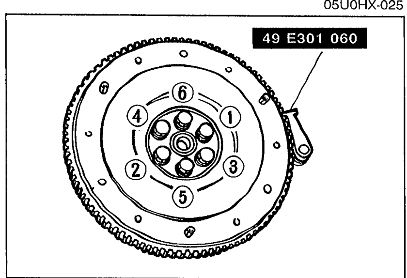 Flywheel installation diagram showing the bolt-tightening sequence numbered 1—6 in a star pattern; SST 49 E301 060 holding ring gear during tightening.