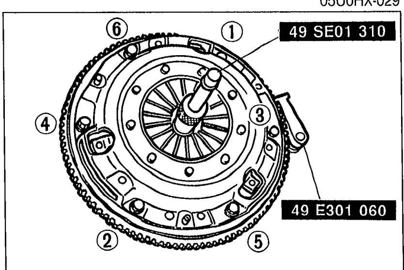 Clutch cover installation. Shows clutch cover with numbered bolts 1-6 indicating the tightening pattern, with SST 49 SE01 310 and 49 E301 060 labeled.