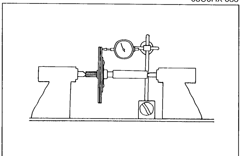 Clutch disc mounted between centers on a stand with a dial indicator measuring runout against the friction face.
