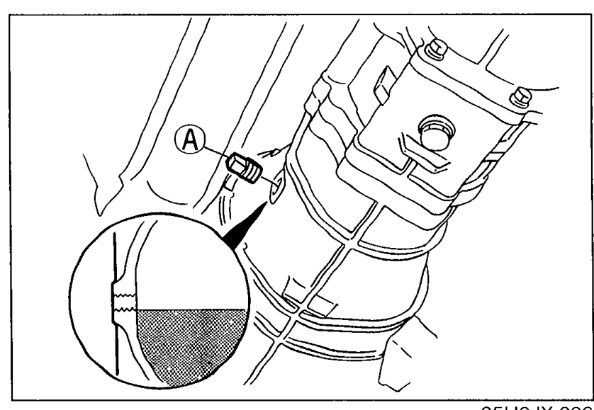 Transmission case showing check plug (A) with magnified inset of the check plug hole at correct oil level (oil at the bottom of the hole).