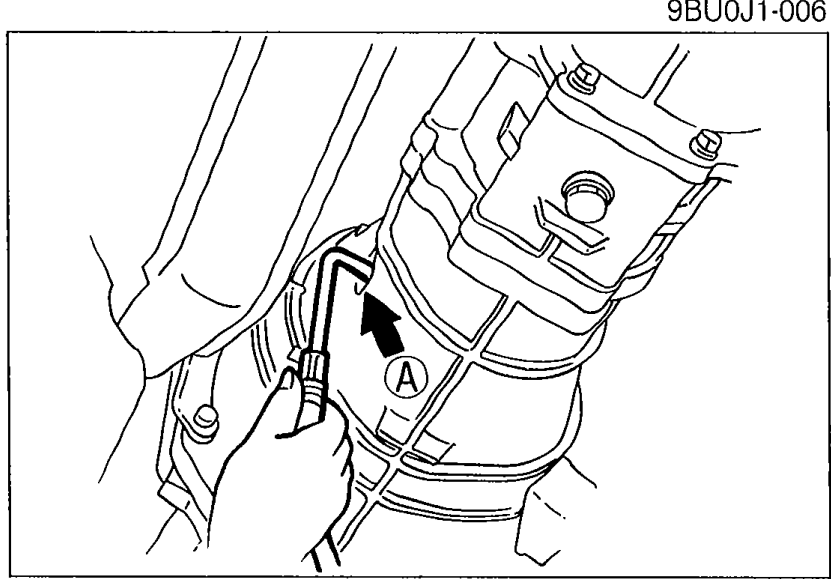 Drain plug (A) being removed with arrow indicating oil drain flow downward.