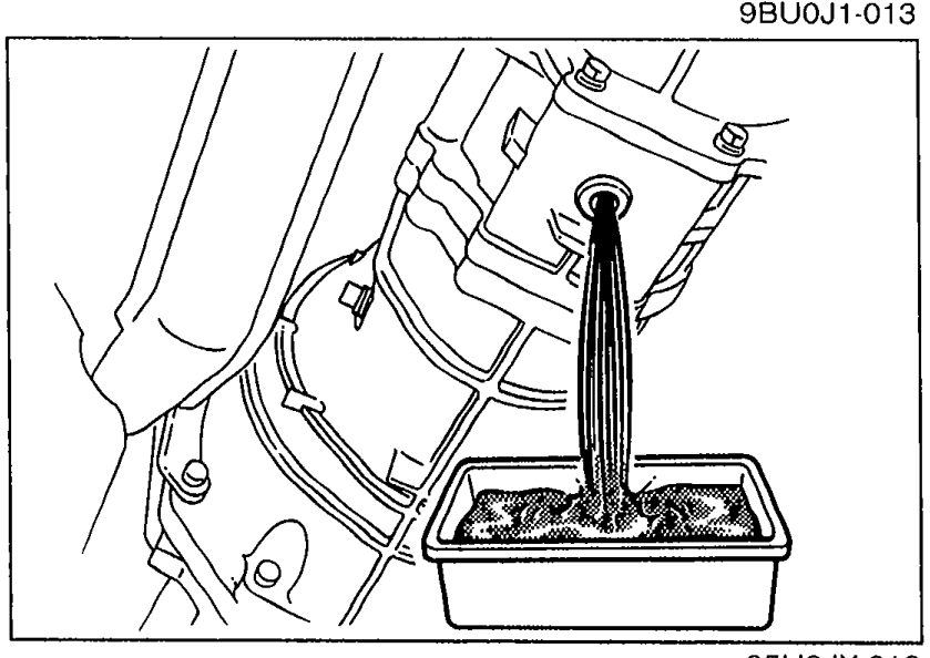 Photo of a drain pan placed beneath the transmission to catch transmission oil during draining.