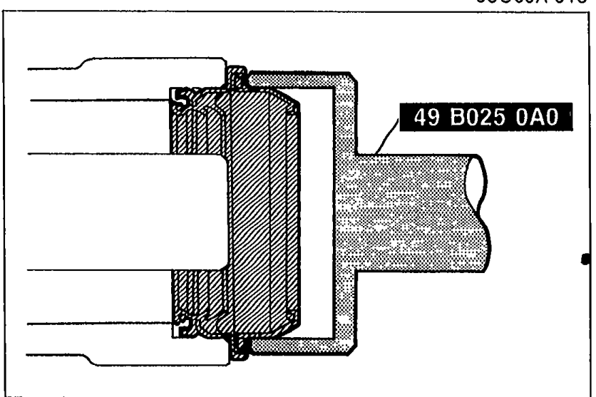 Cross-sectional view showing SST 49 B025 0A0 (Installer, oil seal) being used to install the new rear oil seal into the extension housing.