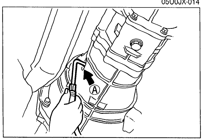 Photo of the transmission housing showing the oil check plug location with a balloon callout 'A' indicating the check plug used for filling the transmission with oil.