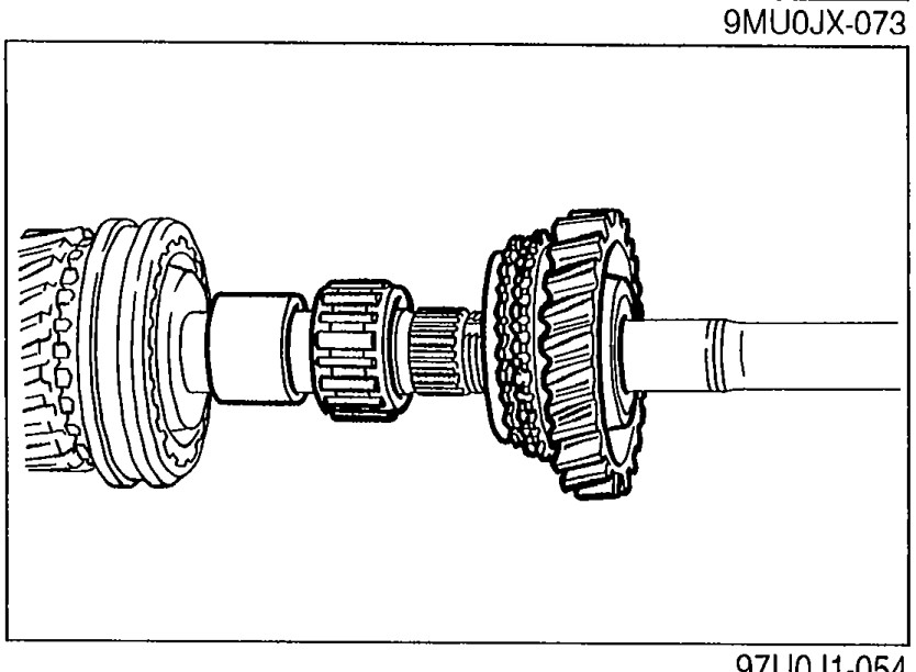Installing the inner race, needle bearing, and 1st gear onto the rear of the mainshaft.