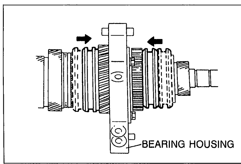 Bearing housing assembly with clutch hub sleeves engaged in 1st gear and reverse gear positions (double-engaged condition). Arrows indicate the direction to shift each sleeve. Label points to BEARING HOUSING.