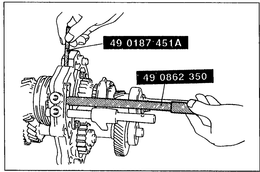 Installing the interlock pin into the bearing housing using SSTs 49 0187 451A and 49 0862 350. Both tool numbers are labeled in the figure.