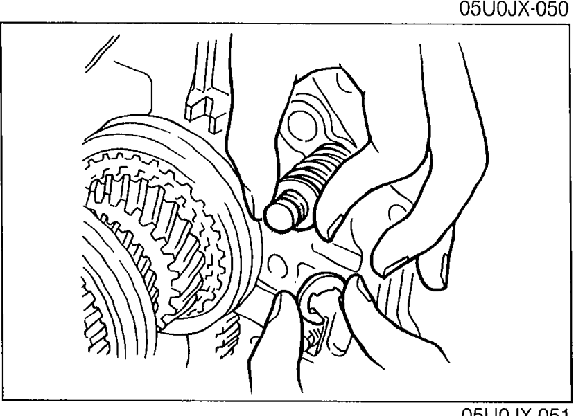 Sliding the spring and spacer onto the 5th/Reverse shift rod while pressing the spacer to install a new clip.