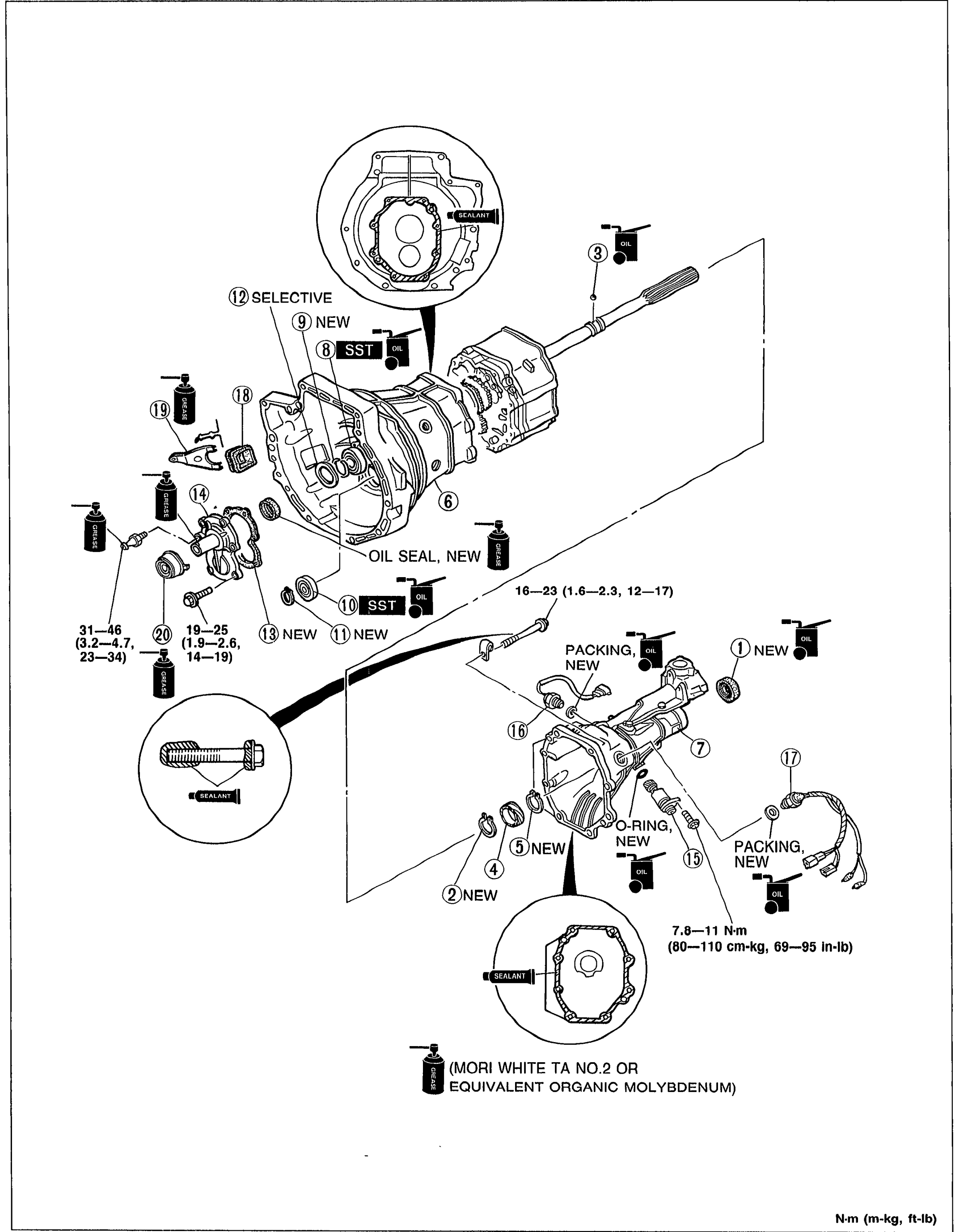 Exploded view of transmission housing components for assembly. Numbered balloons identify housing parts; specific callouts: (2)NEW, (3), (4)NEW, (8)SST, (9)NEW, (11)NEW, (12)SELECTIVE, (13)NEW, (14), (15)PACKING NEW (O-RING NEW), (16), (17), (18), (19), (20)SST, plus OIL SEAL NEW and PACKING NEW labels. Torque specs visible: 31-46 N·m (3.2-4.7 m-kg, 23-34 ft-lb); 19-25 N·m (1.9-2.6 m-kg, 14-19 ft-lb); 16-23 N·m (1.6-2.3 m-kg, 12-17 ft-lb); 7.8-11 N·m (80-110 cm-kg, 69-95 in-lb). Sealant callout: MORI WHITE TA NO.2 OR EQUIVALENT ORGANIC MOLYBDENUM. Sealant icons shown at several joints.