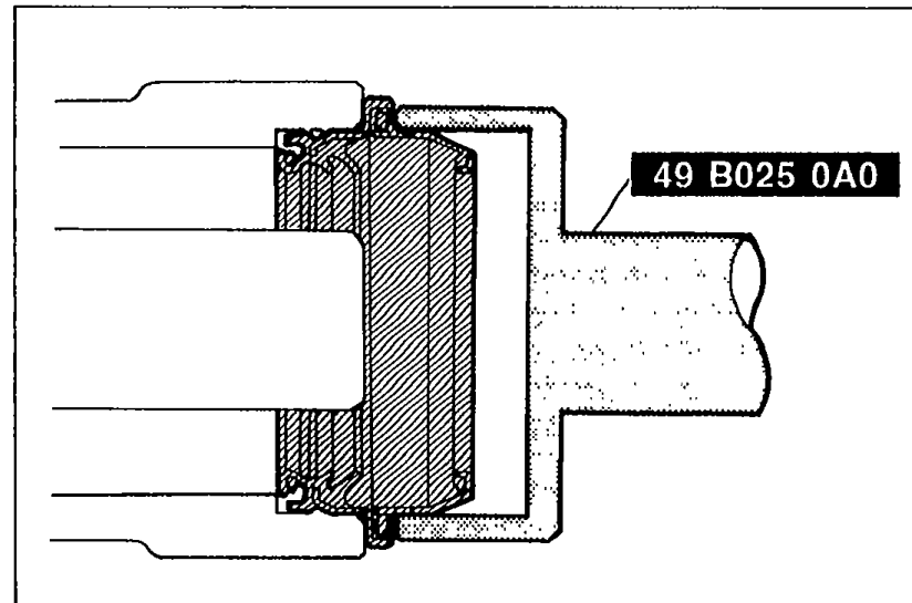 SST (part 49 B025 0A0) being used to install a new oil seal. Shows the cylindrical seal installer being driven into the seal area.