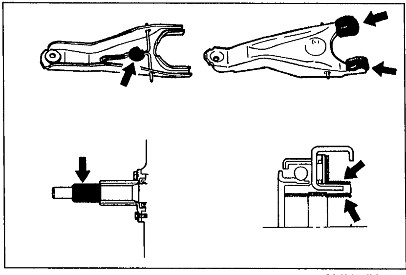 Release fork illustrations: top shows the release fork with arrows pointing at the shaded contact areas where grease is applied; bottom shows the release bearing being installed and the release fork mounted in position.