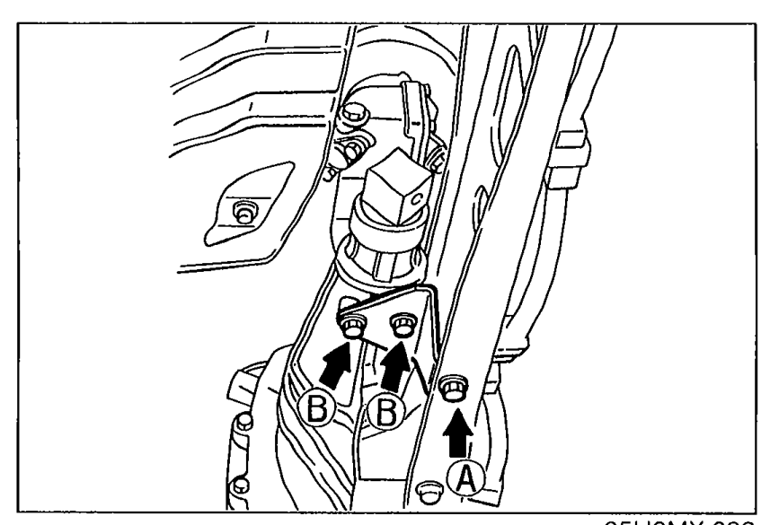 Photo of the power plant frame bracket installed, with three torque/location callouts labeled A and B identifying bolt positions.