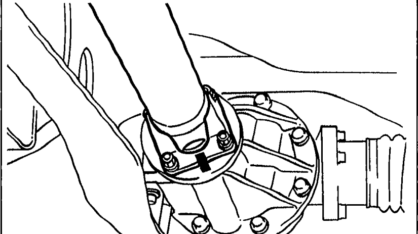 Close-up view of the differential pinion flange and the propeller shaft flange mating area, showing the marking position to be made on the flanges before removal for correct re-installation alignment.