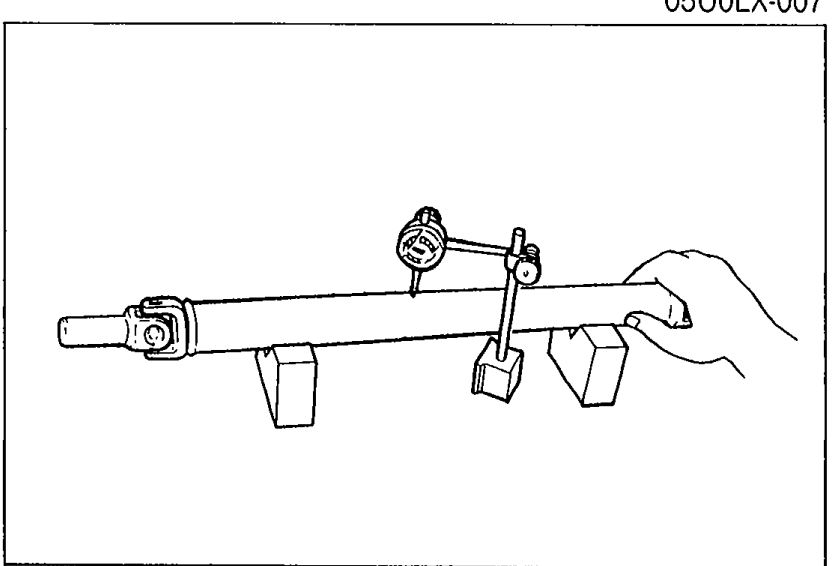 Illustration of the propeller shaft mounted between supports with a dial indicator being applied to its midsection by a hand for runout measurement.