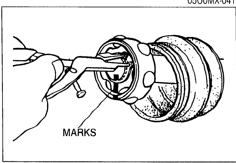 Hands using snap ring pliers to remove the snap ring from the driveshaft inner ring. MARKS label indicates reference marking location.