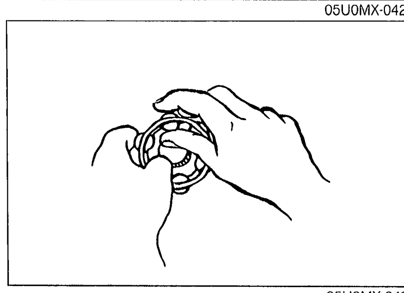Hands holding the cage assembly while inserting a screwdriver between the inner ring and cage to remove the balls.