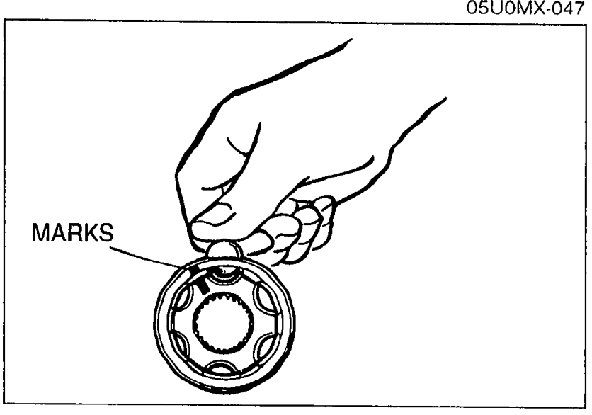 Hand installing balls into the inner ring of the cage assembly with MARKS callout indicating alignment marks made during disassembly.
