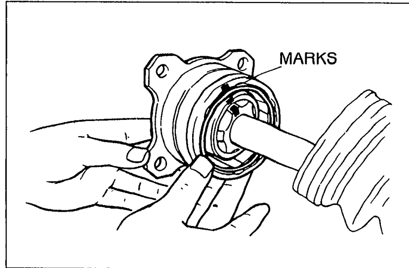 Hands installing the cage/inner ring assembly onto the driveshaft with the alignment MARKS visible on the outer ring.