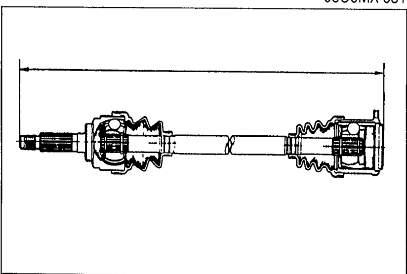 Full driveshaft assembly with both CV boots installed, shown horizontally for measuring the overall driveshaft length.