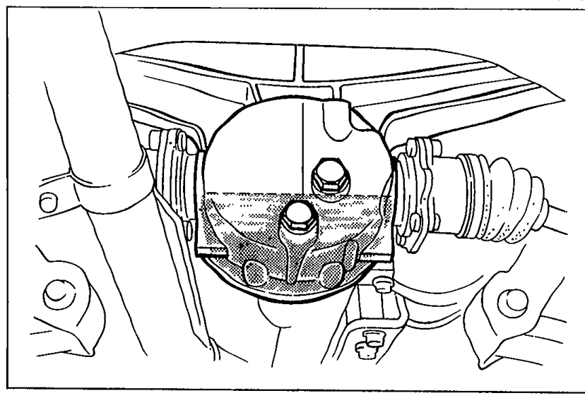 Under-vehicle view of the differential with the filler plug accessible; arrow indicates fill point for adding the specified oil.