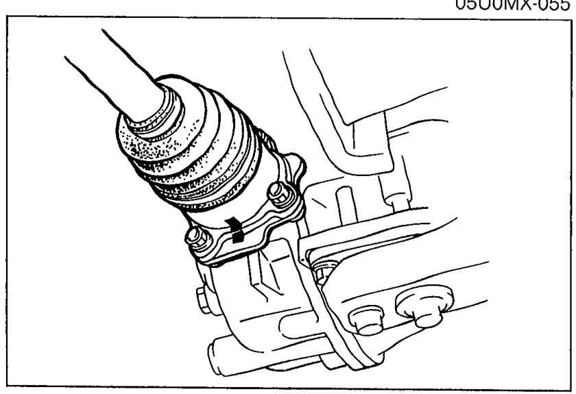 Vehicle suspension view showing the driveshaft and output shaft flanges area where reassembly marks should be placed.