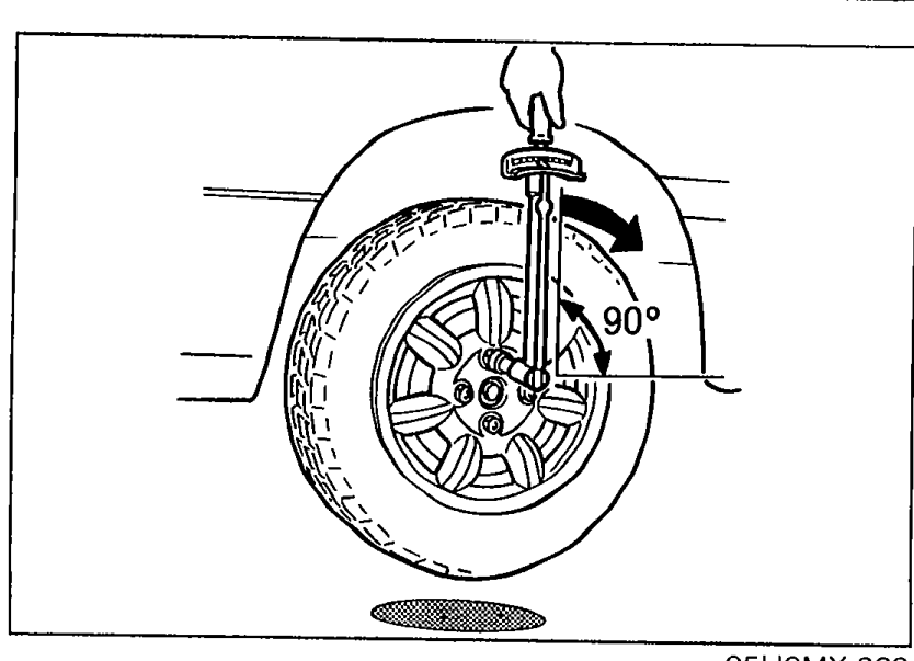Rear wheel of the vehicle with a torque wrench attached to a wheel lug nut. A curved arrow indicates rotating the wheel 90° while applying the specified torque.