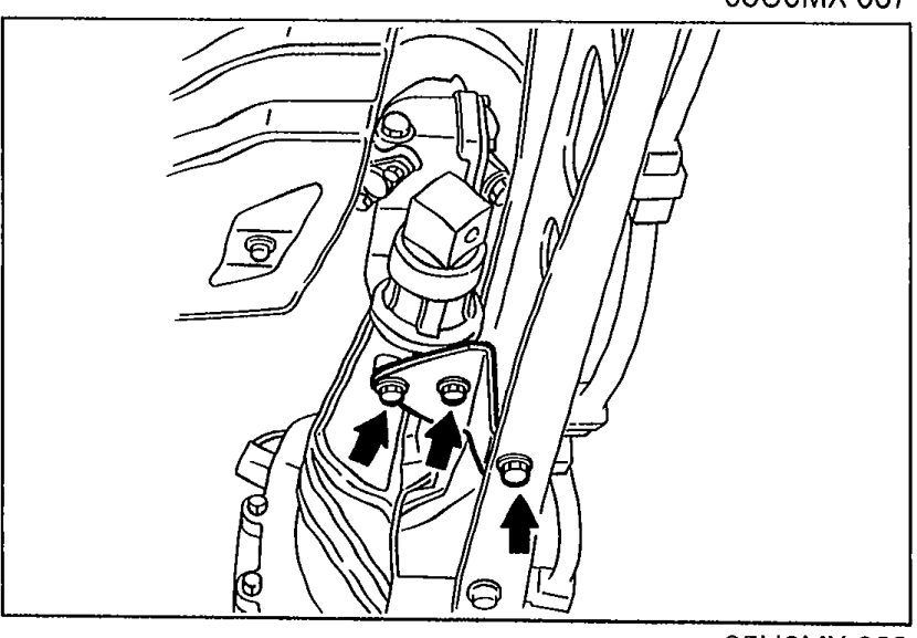 View of the power plant frame bracket with arrows pointing to the bolts to be removed.
