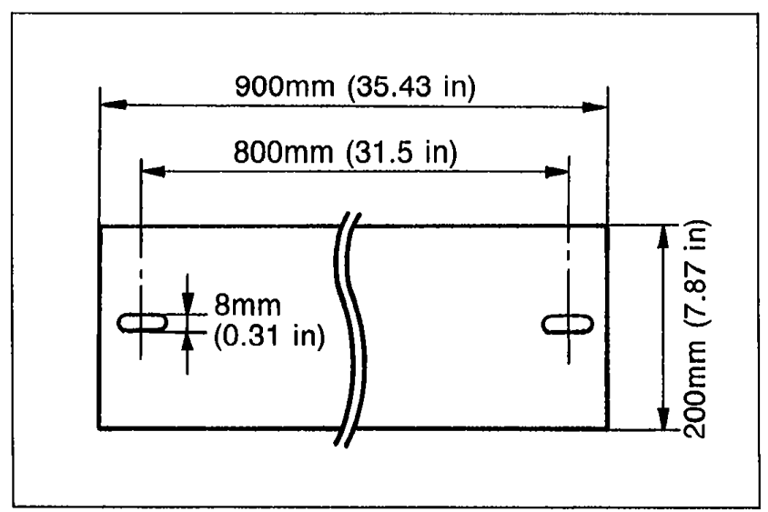 Dimensioned drawing of a steel support plate: overall length 900mm (35.43 in), with 800mm (31.5 in) hole spacing, width 200mm (7.87 in), and two 8mm (0.31 in) holes for the mounting bolts.