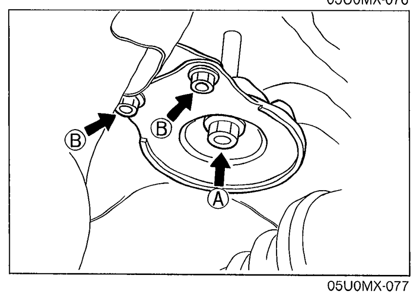 Photograph showing the differential installed with two callout labels A and B pointing to two different bolt locations indicating their tightening torque specs.