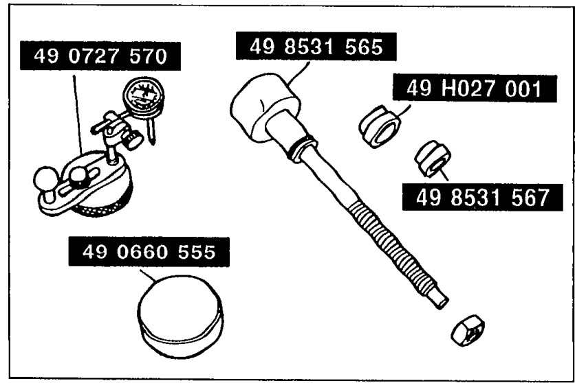 Illustration showing the drive-pinion-height adjustment SST kit laid out: SST 49 0727 570, SST 49 8531 565, SST 49 H027 001, SST 49 8531 567, and SST 49 0660 555.