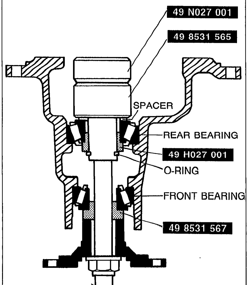 Cross-sectional illustration of the differential carrier showing the assembled SST stack: SST 49 H027 001 and 49 8531 565 above the SPACER, the REAR BEARING, the O-RING, and the FRONT BEARING with SST 49 8531 567 on the drive pinion.