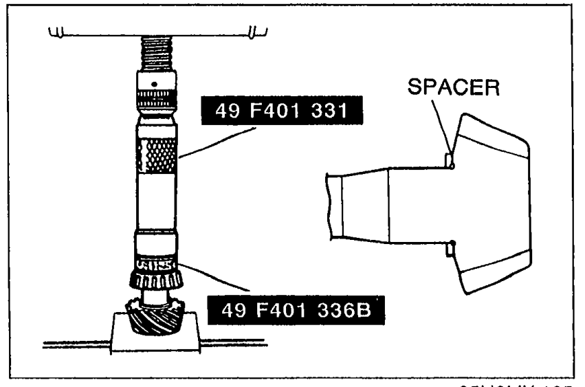 Illustration showing SST 49 F401 331 and SST 49 F401 336B being used to press on the bearing inner race (rear bearing); a callout labelled SPACER points to the spacer being installed beneath the bearing.