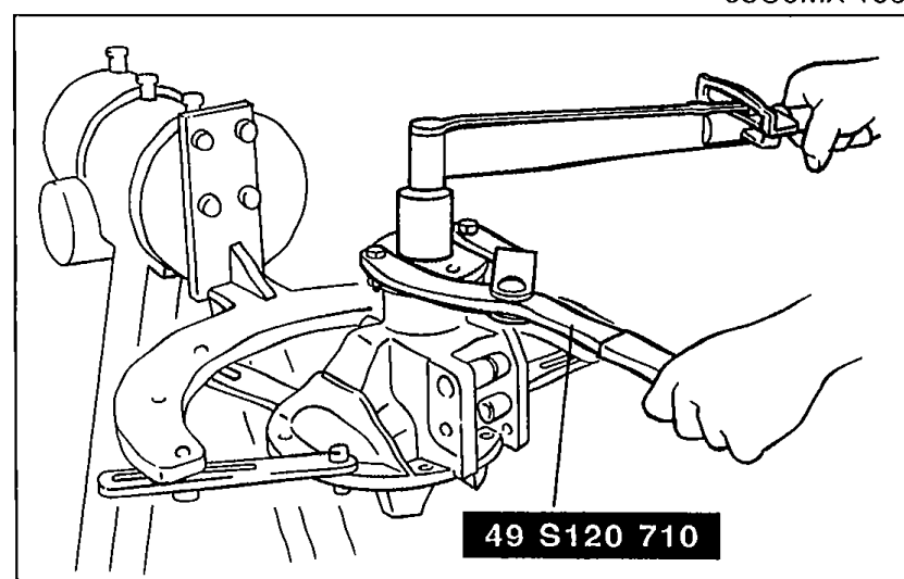 Photo showing SST 49 S120 710 (holding tool) being used to hold the companion flange while tightening the locknut on the differential carrier.
