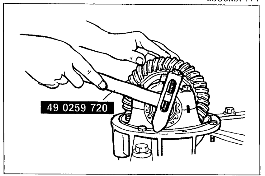 Photo showing SST 49 0259 720 being used to install the differential bearing caps on the differential carrier.