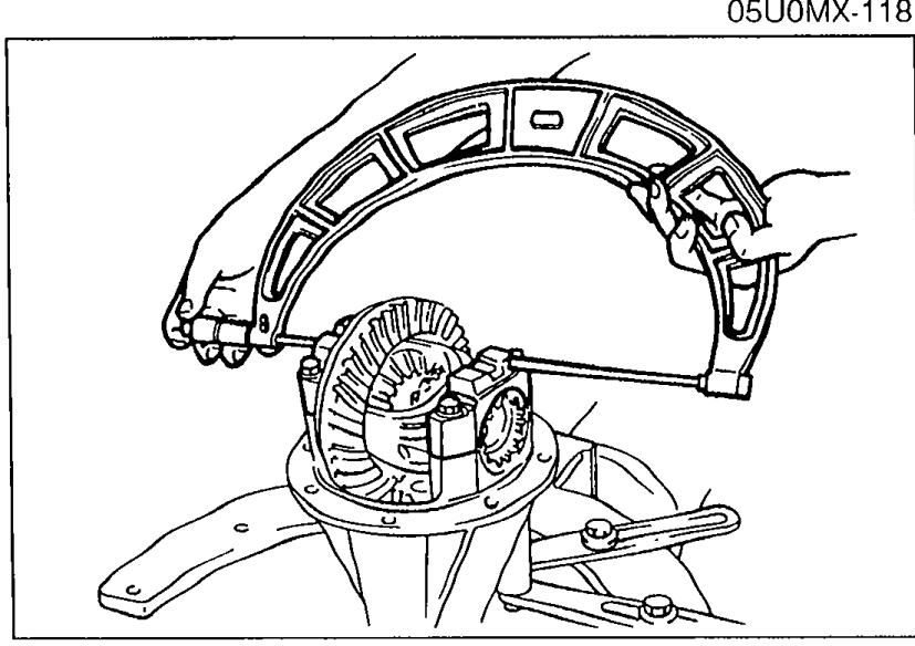 Illustration showing red lead being applied to the ring gear teeth and the gear being rotated to inspect the tooth contact pattern.