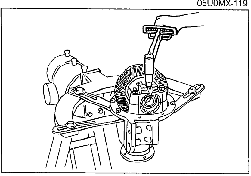 Photo showing a tool being used to install the lock plates on the bearing caps of the differential carrier.