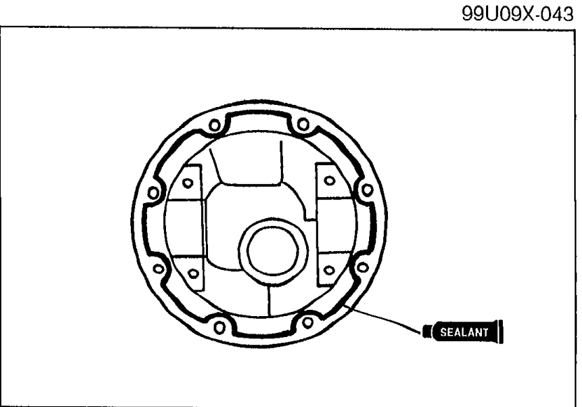 Illustration of the differential case housing face showing the bolt holes around the circumference. An arrow points to a 'SEALANT' label indicating where sealant is applied.