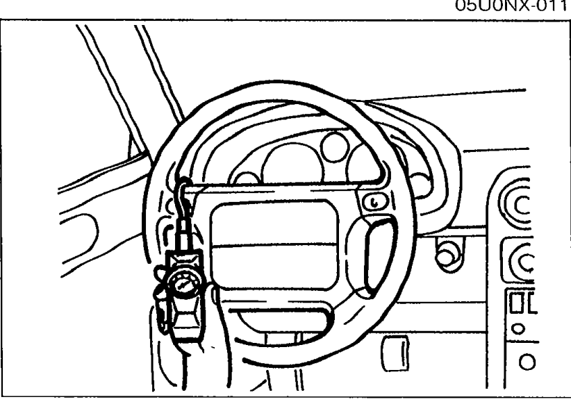 Steering wheel with a pull scale attached to the outermost point of one wheel spoke to measure steering wheel effort.