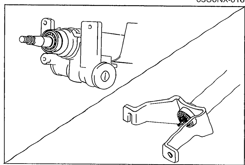 Close-up of the steering column showing the bearing area, used to illustrate inspection for column bearing damage.
