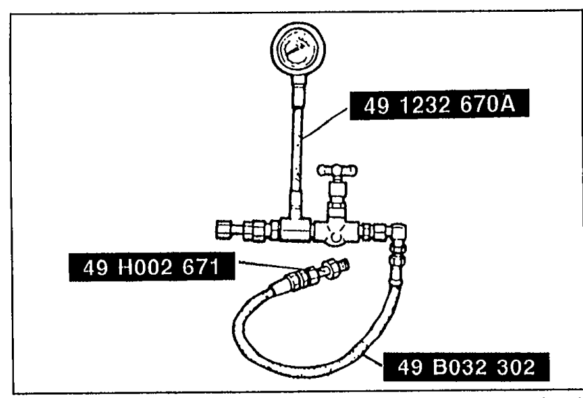 SST gauge assembly with three labeled tool numbers: 49 1232 670A (pressure gauge), 49 H002 671 (hose adapter), and 49 B032 302 (valve/fitting). The gauge is mounted vertically with hoses connected.