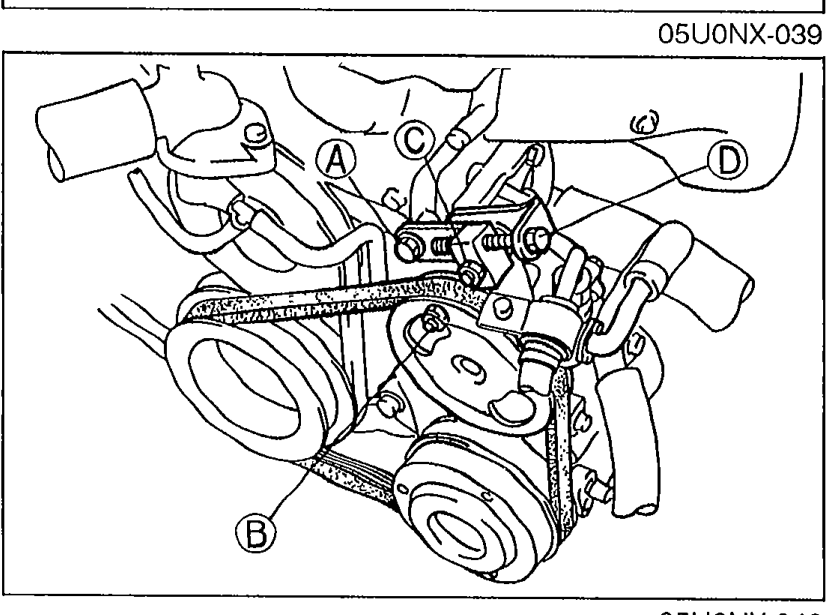 Pulley arrangement showing P/S oil pump bolt (A), nuts (B) and (C), and adjusting bolt (D) callout positions.